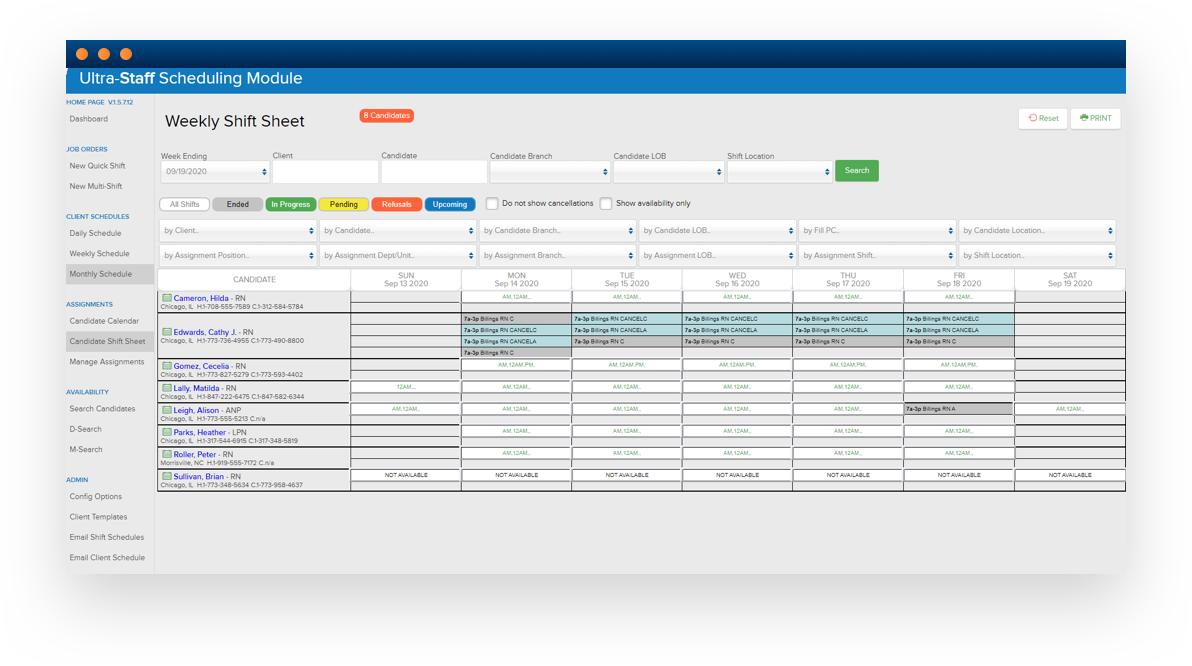 Software screenshot of weekly scheduling module